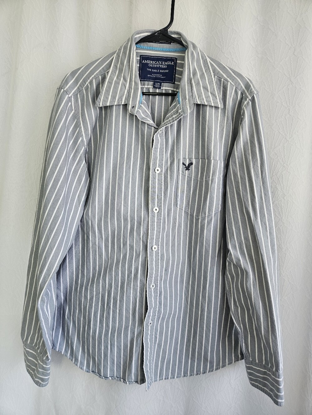 American Eagle Light Gray White Striped Oxford Shirt Size Large